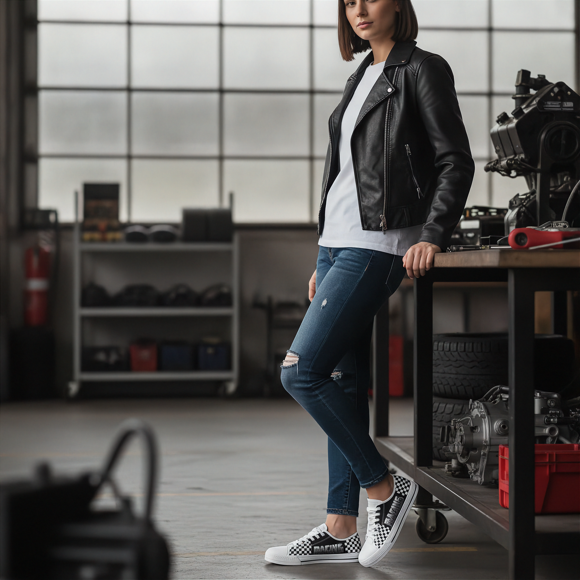 Woman in a black leather jacket and jeans and checkered low top shoes standing in a workshop.