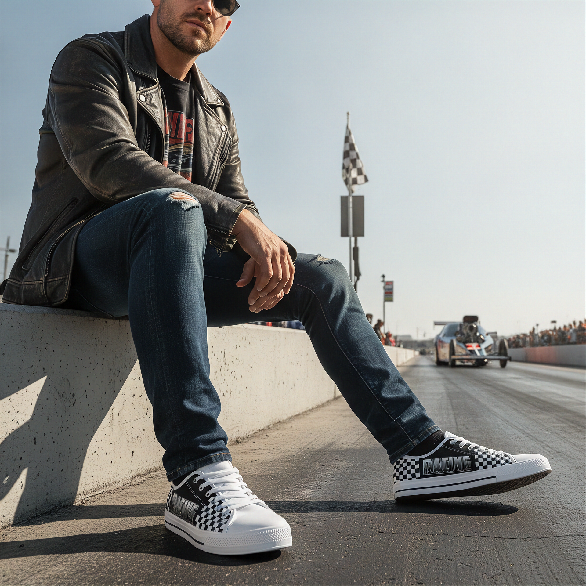 Man sitting on a concrete barrier by a race track wearing checkered sneakers.