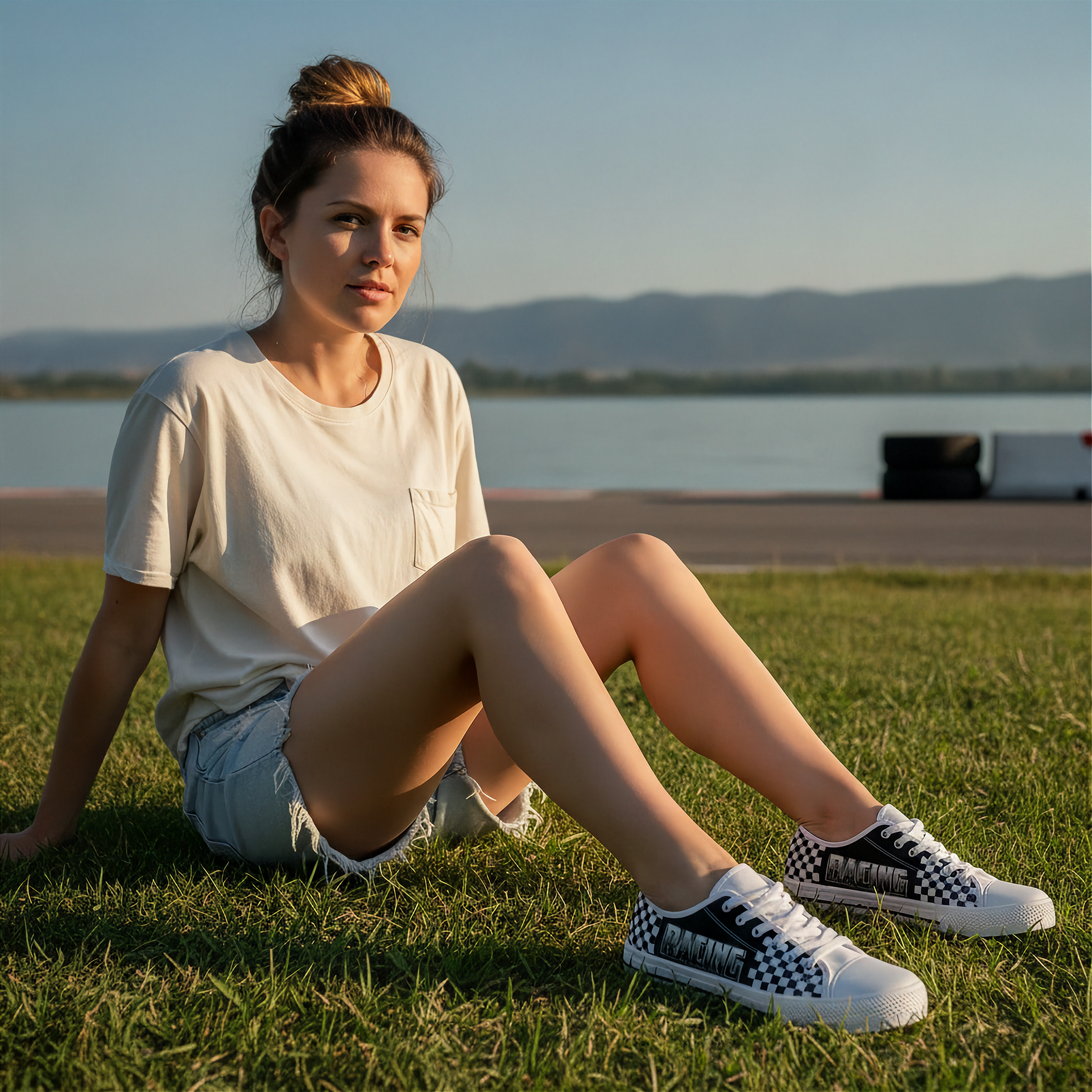 Woman sitting on grass by a lake wearing checkered sneakers
