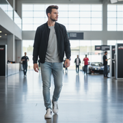 Man wearing checkered low top shoes walking in a modern indoor setting with large windows