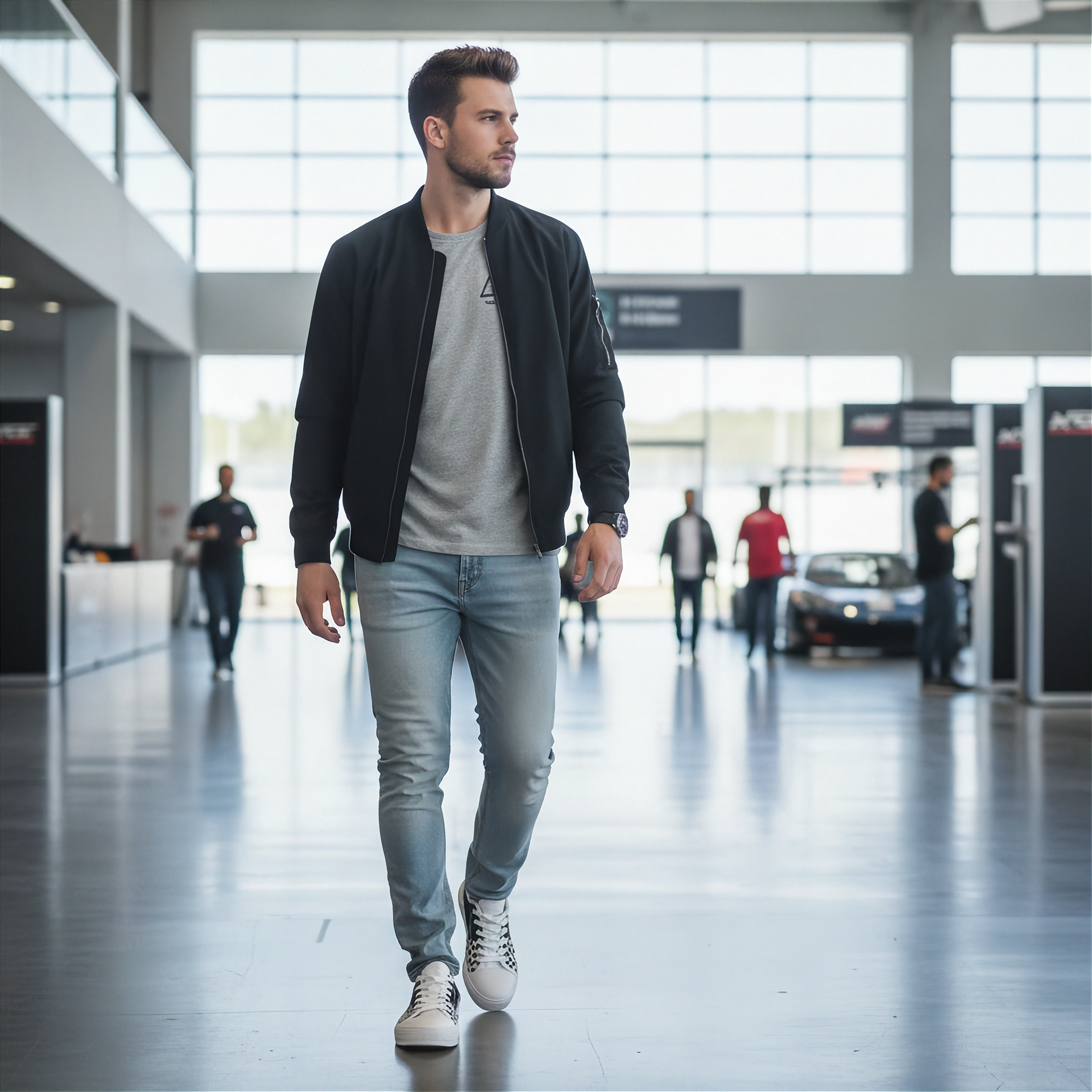 Man wearing checkered low top shoes walking in a modern indoor setting with large windows