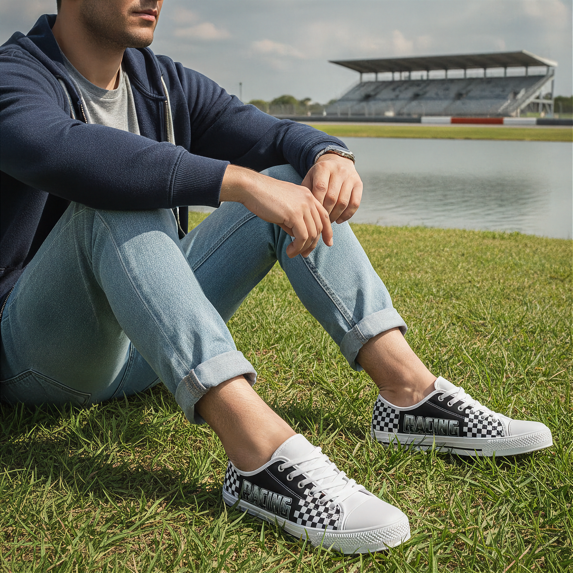 Person sitting on grass wearing checkered sneakers with a lake and stadium in the background