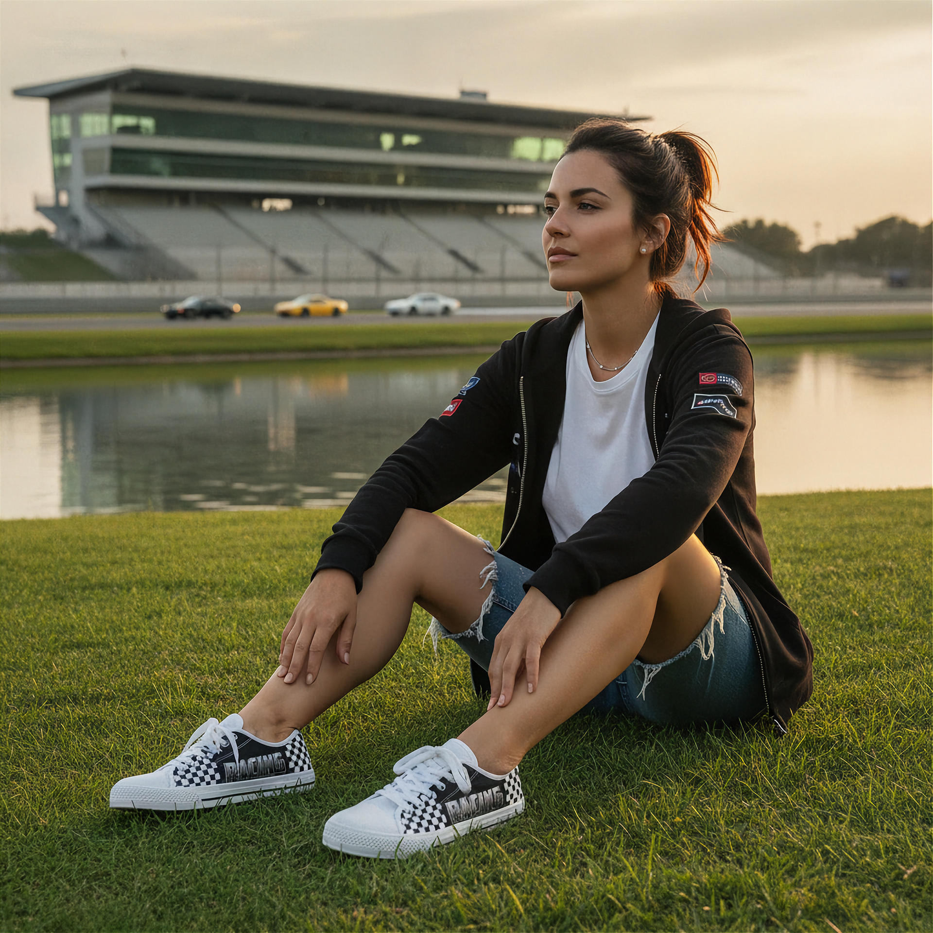 Woman wearing checkered low top shoes sitting on grass by a race track with cars in the background