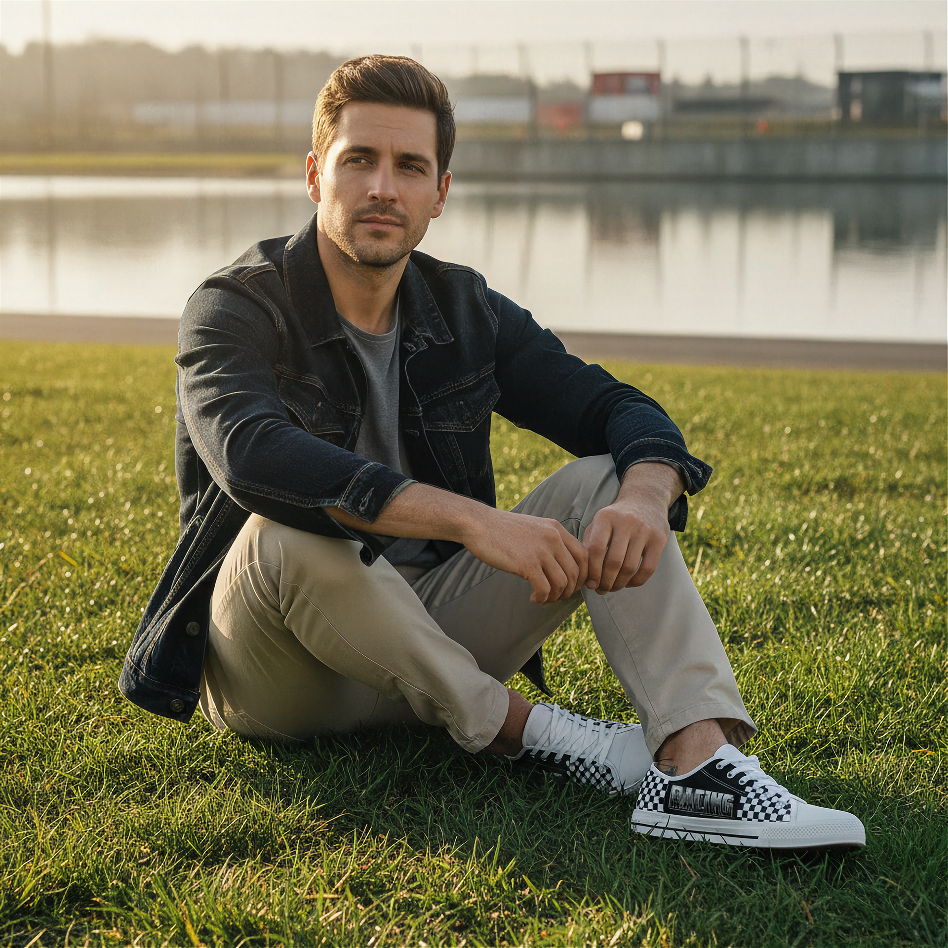 Man sitting on grass wearing checkered sneakers with a blurred background