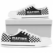 White sneakers with black and white checkered pattern and 'RACING' text on a white background
