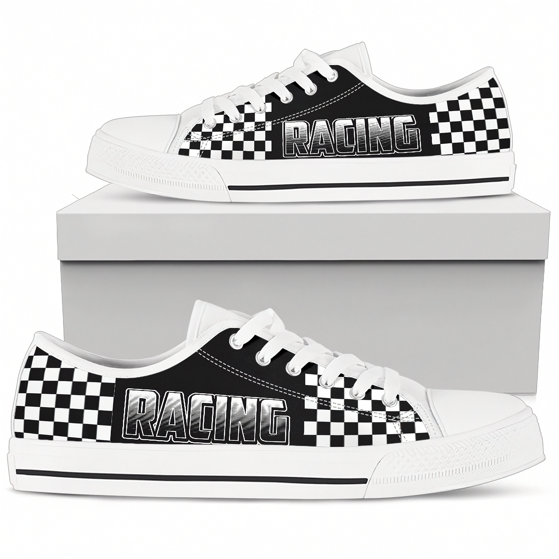 White sneakers with black and white checkered pattern and 'RACING' text on a white background