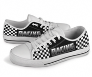 White shoes with black and white checkered pattern and 'Racing' text on a white background