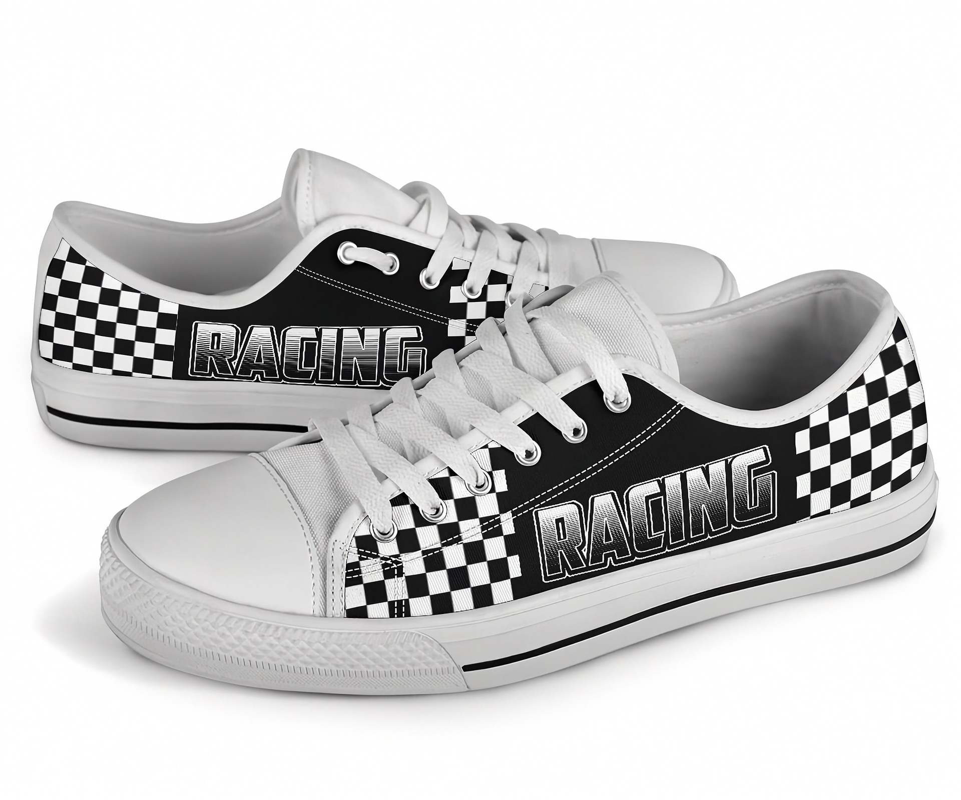 White shoes with black and white checkered pattern and 'Racing' text on a white background