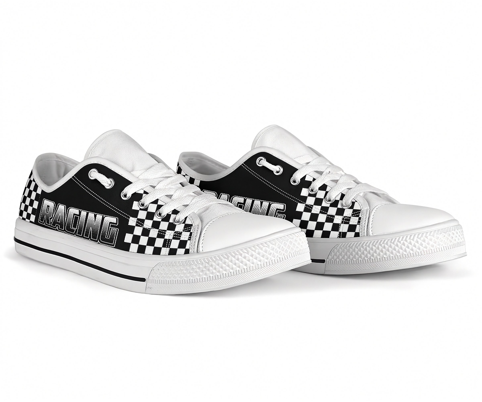 White sneakers with black and white checkered pattern and 'Racing' text on a white background