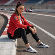 Woman in racing attire sitting on a race track wearing red jacket with checkered low top shoes