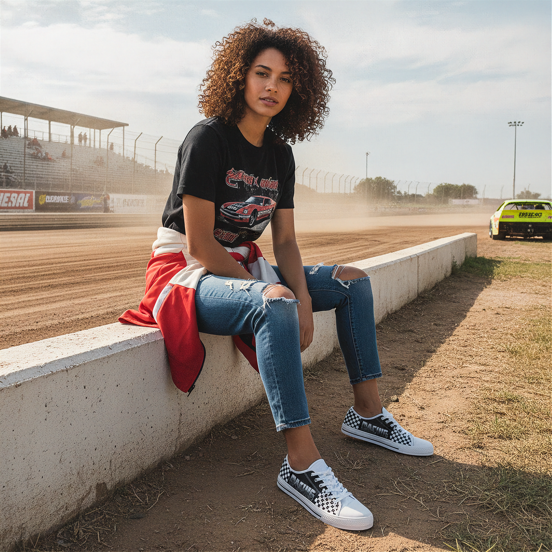 Woman sitting on a concrete barrier at a race track wearing a black t-shirt, jeans, and checkered shoes.