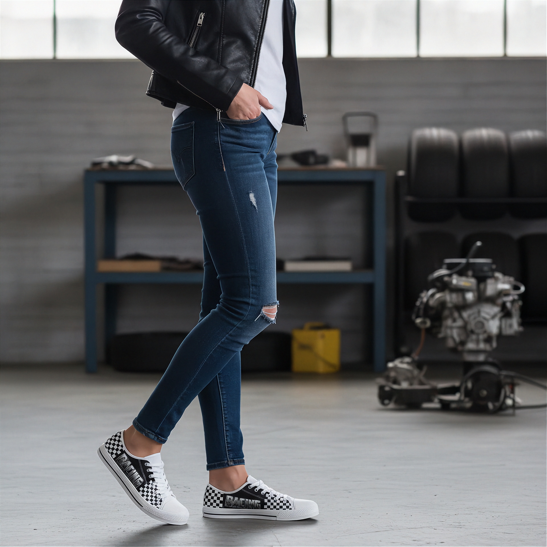 Woman wearing blue jeans and checkered shoes in an indoor setting
