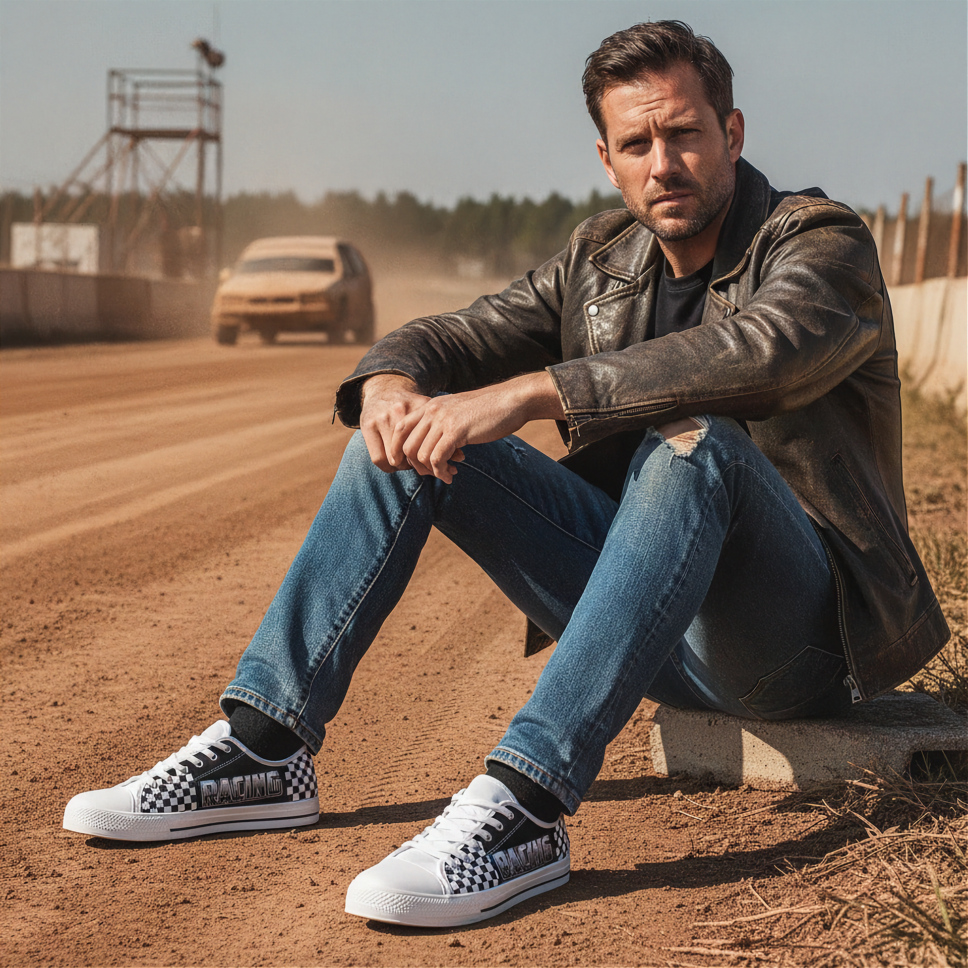 Man sitting on a dirt track wearing a leather jacket and checkered shoes.
