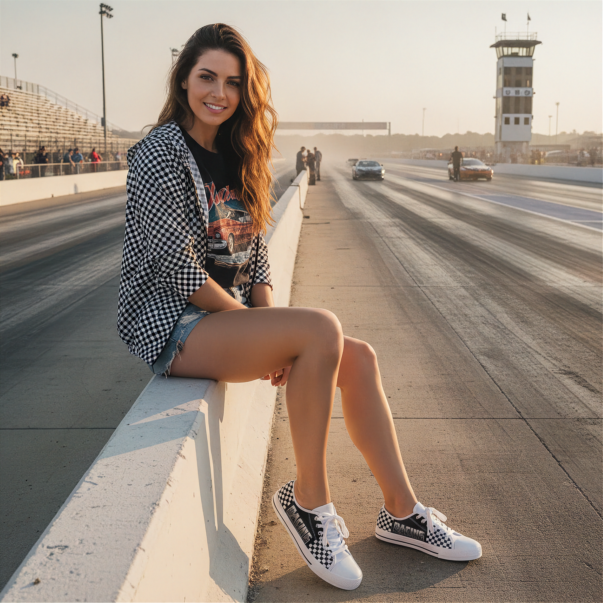 Woman wearing checkered shoes sitting on a barrier at a race track with cars in the background