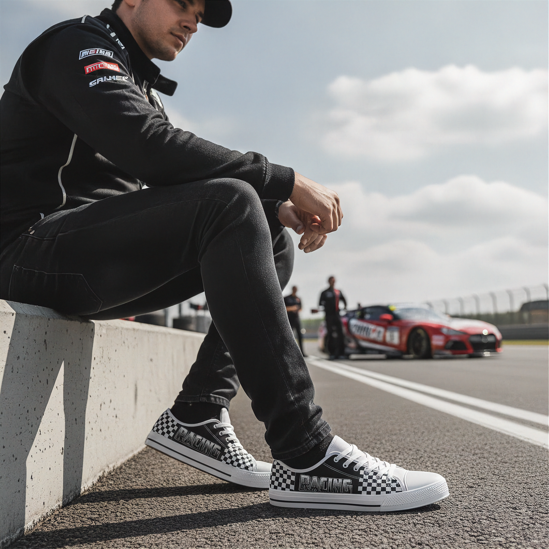 Man sitting on a race track with checkered shoes, looking at a racing car in the background.