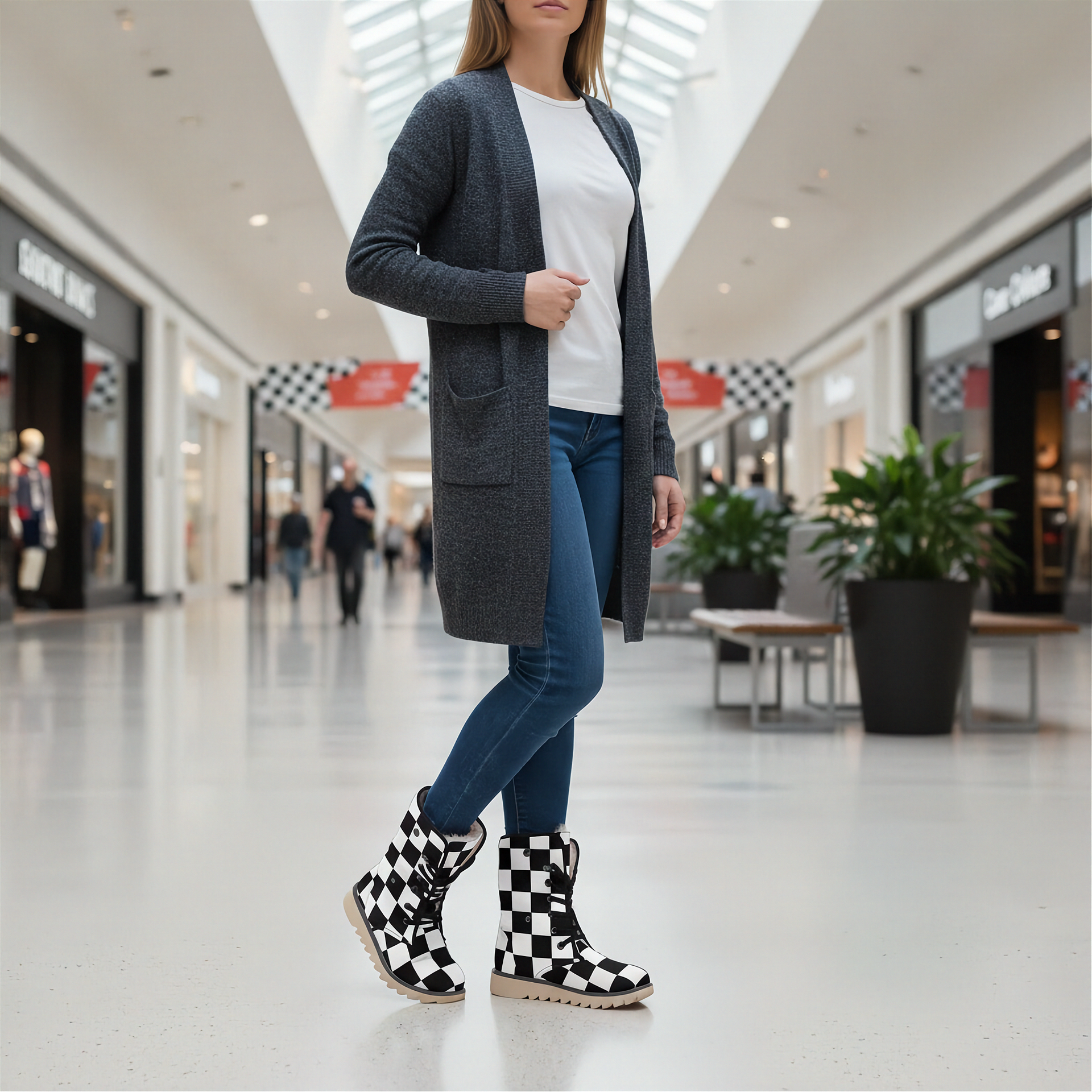 Woman wearing a gray cardigan, white shirt, blue jeans, and checkered boots in a mall.