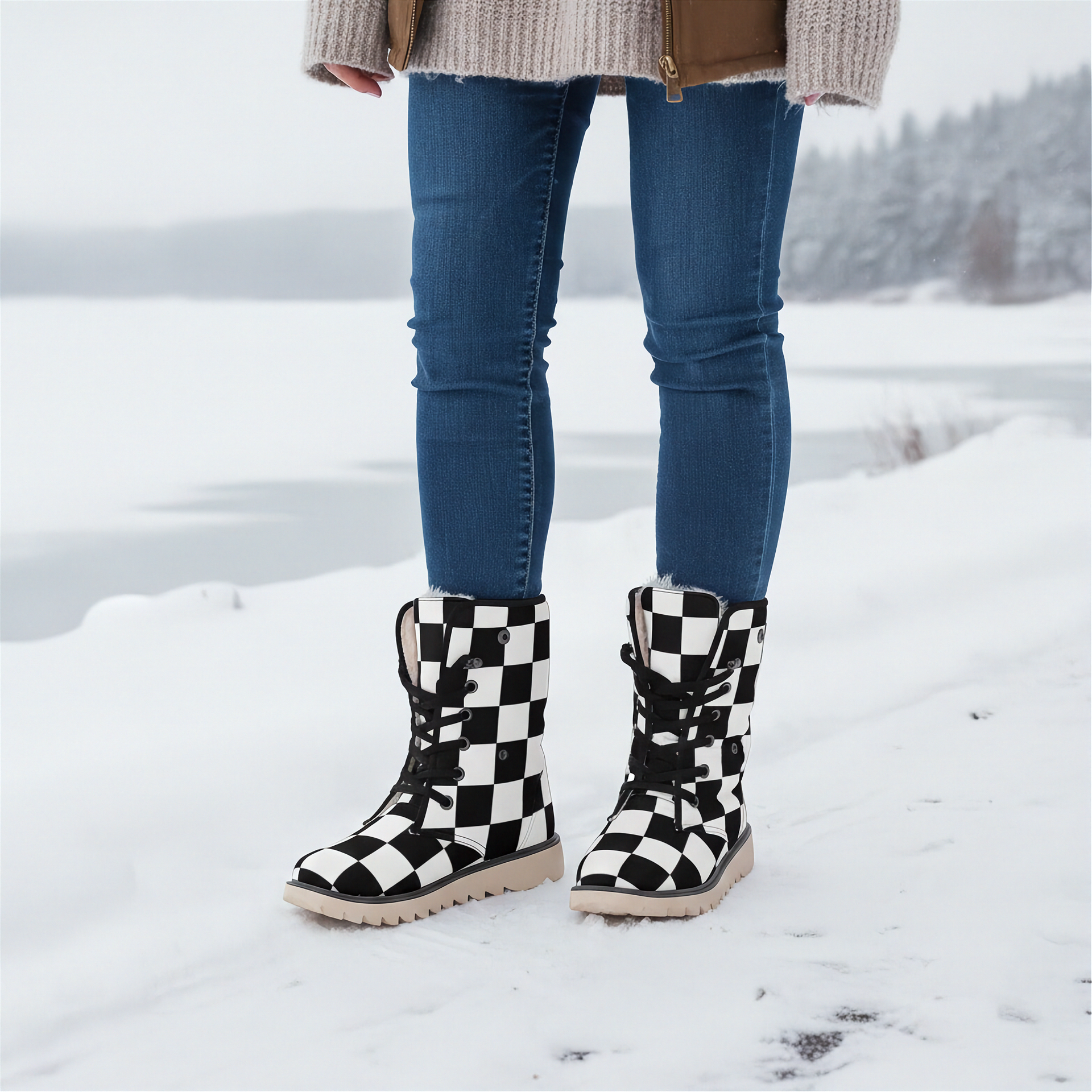 Woman wearing checkered boots in a snowy landscape