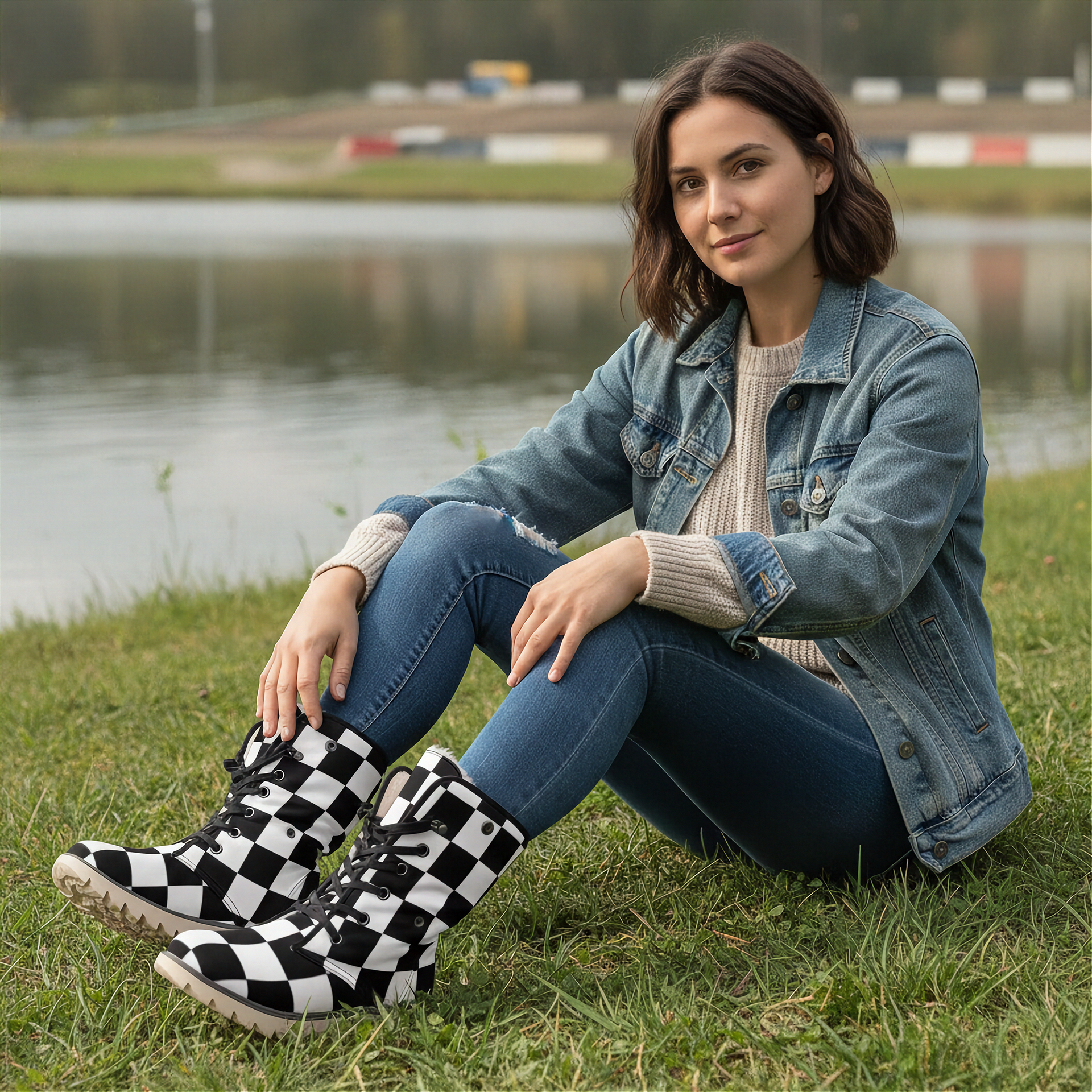 Woman sitting by a lake wearing checkered boots, denim jacket, and jeans.