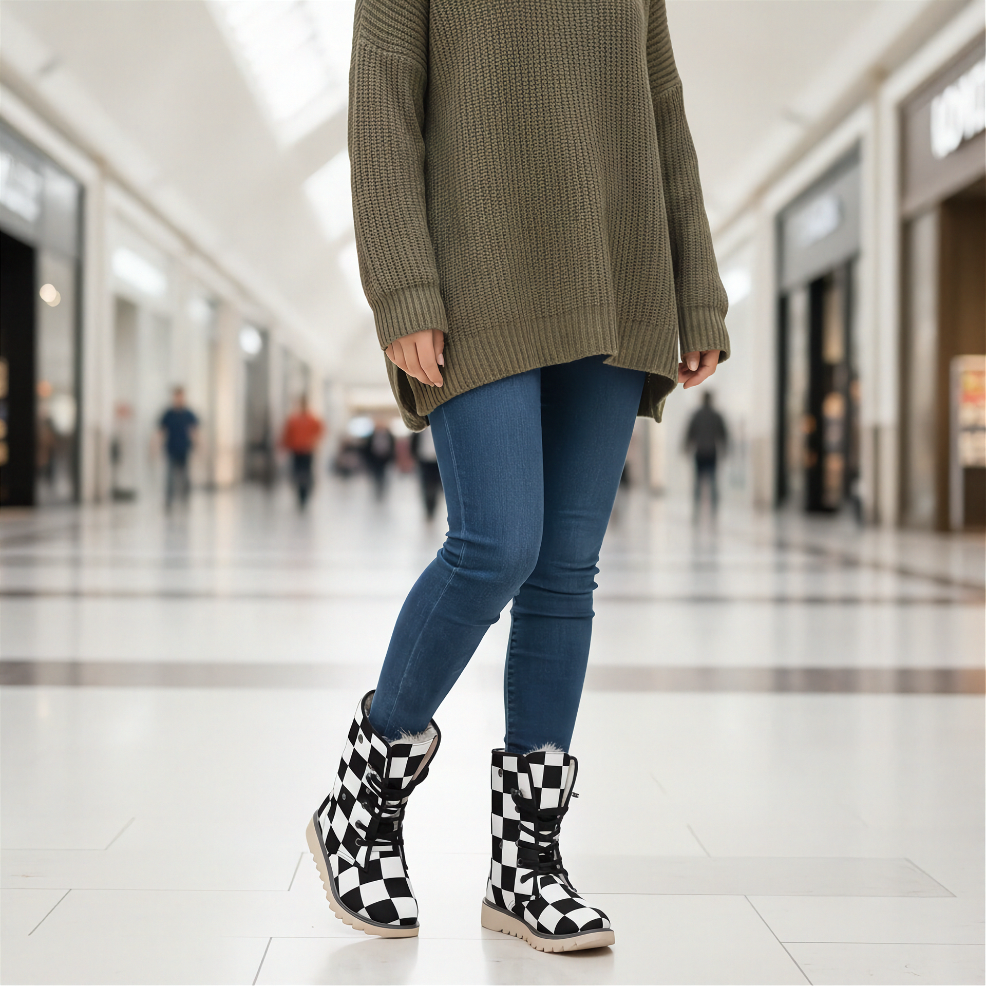 Person wearing a green sweater, blue jeans, and checkered boots in a mall.