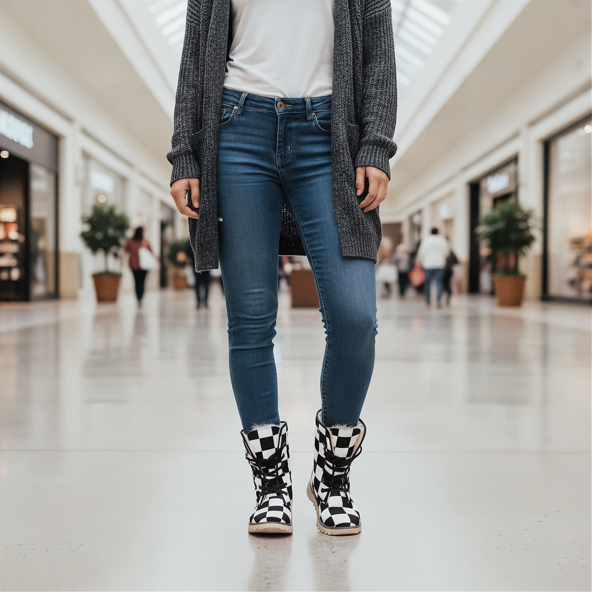 Person wearing blue jeans and checkered boots in a mall setting