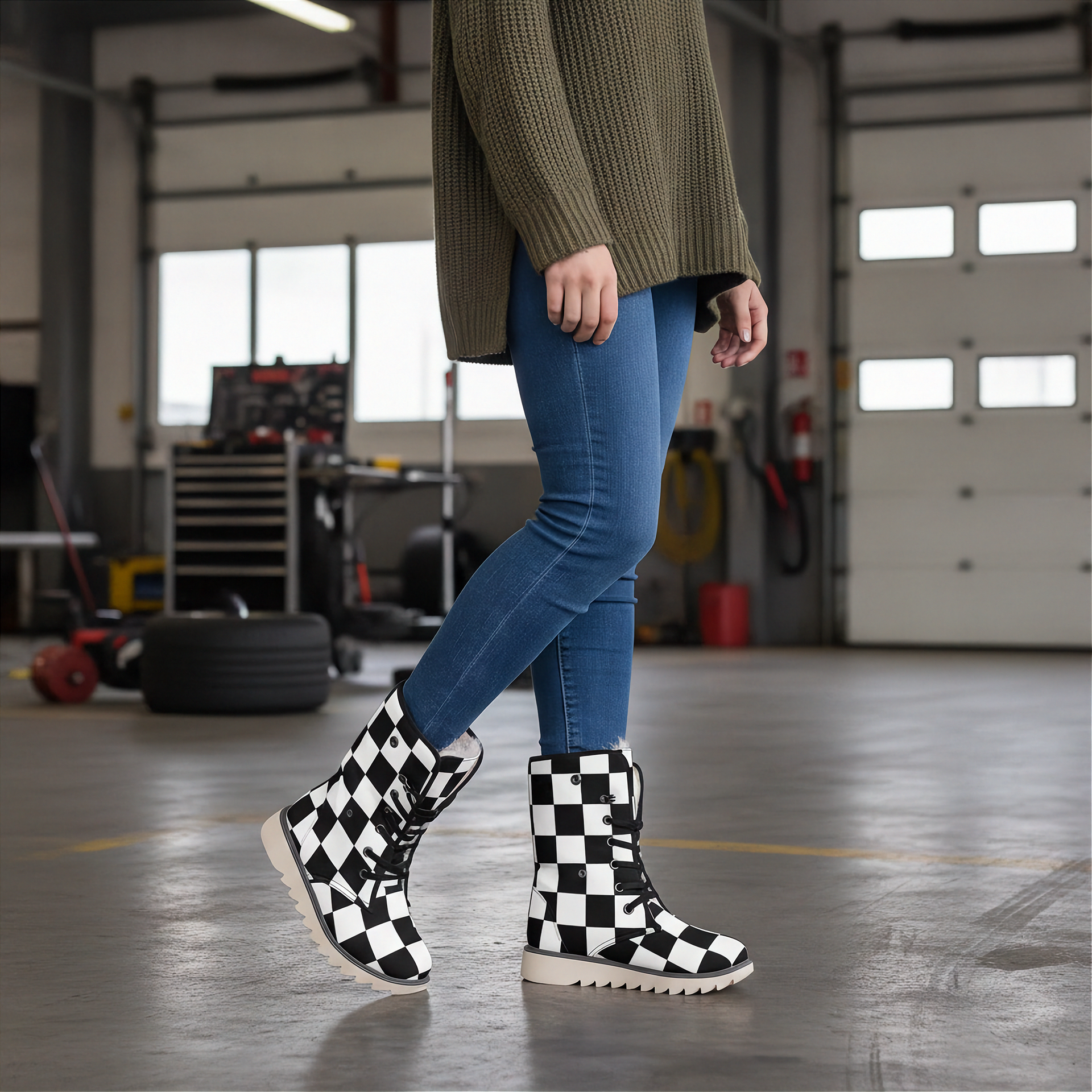 Person wearing black and white checkered boots in a garage setting
