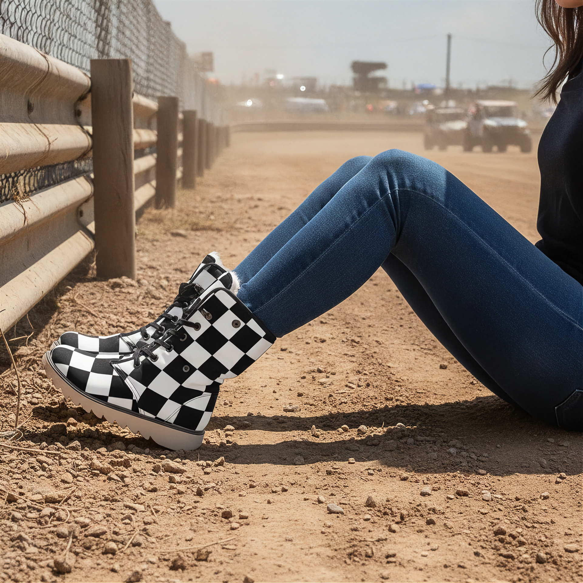Woman sitting on a dirt track wearing checkered boots and blue jeans.