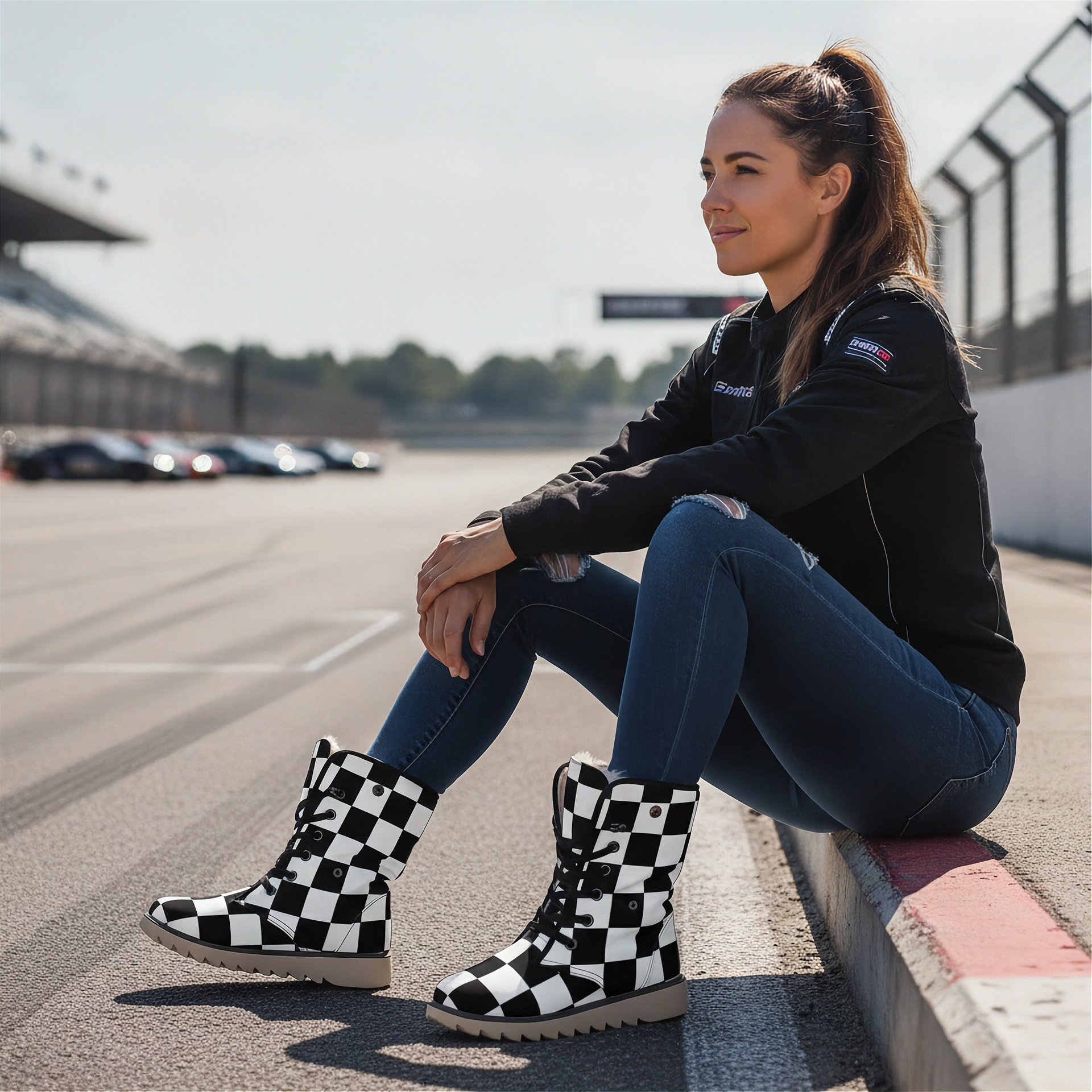 Woman sitting on a race track wearing checkered boots