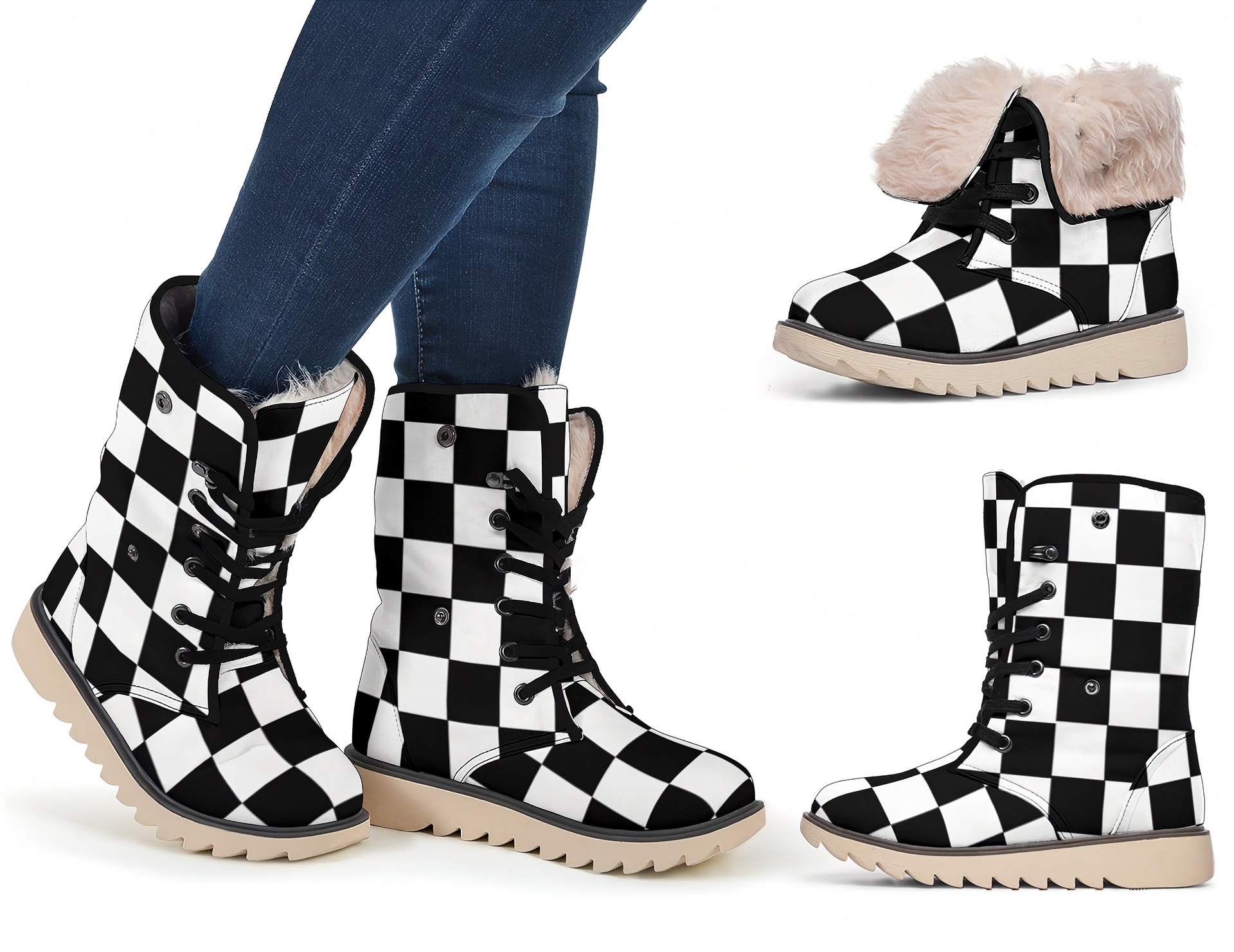 Black and white checkered boots with fur lining on a white background