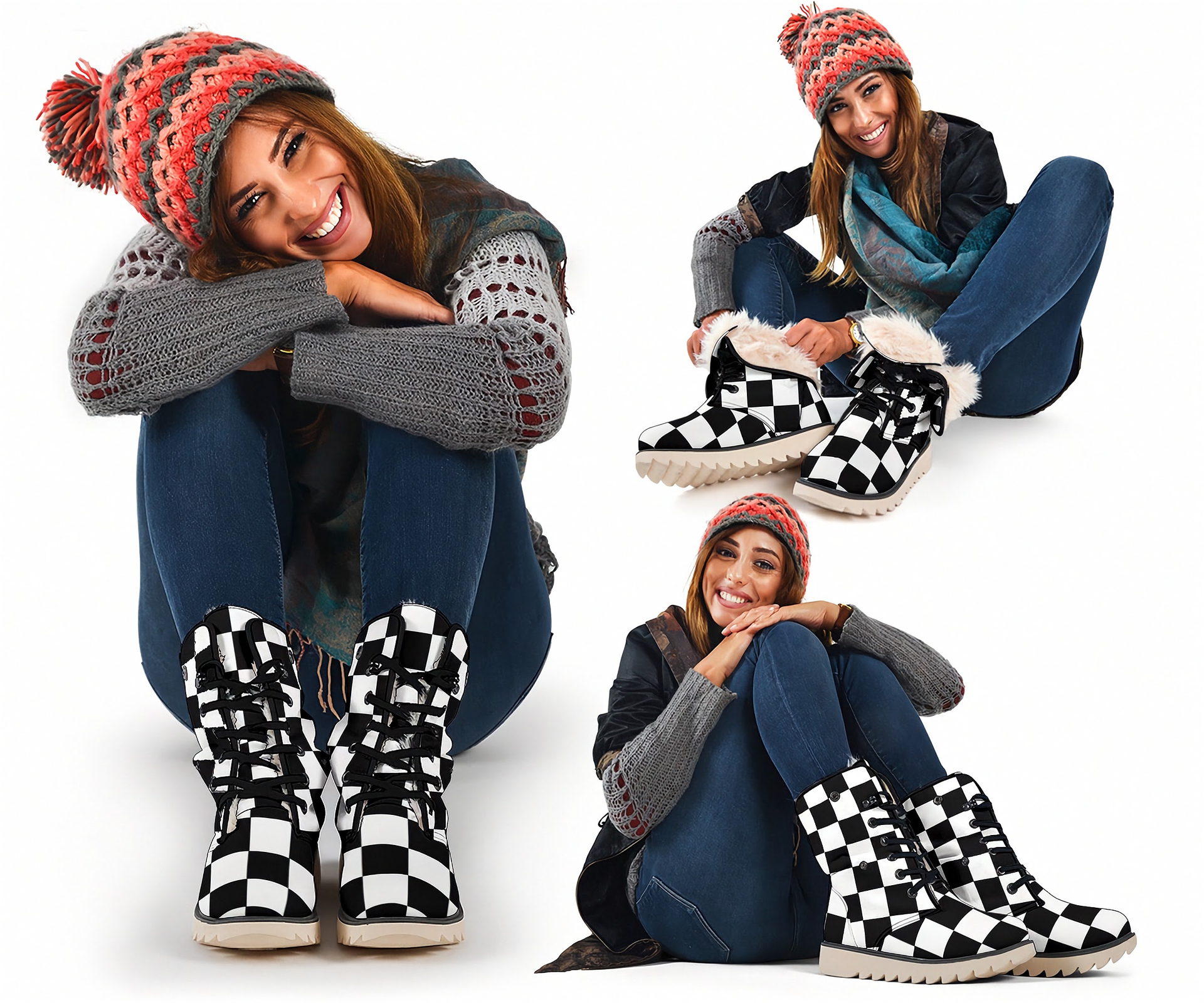 Woman wearing checkered boots and a colorful knit hat on a white background