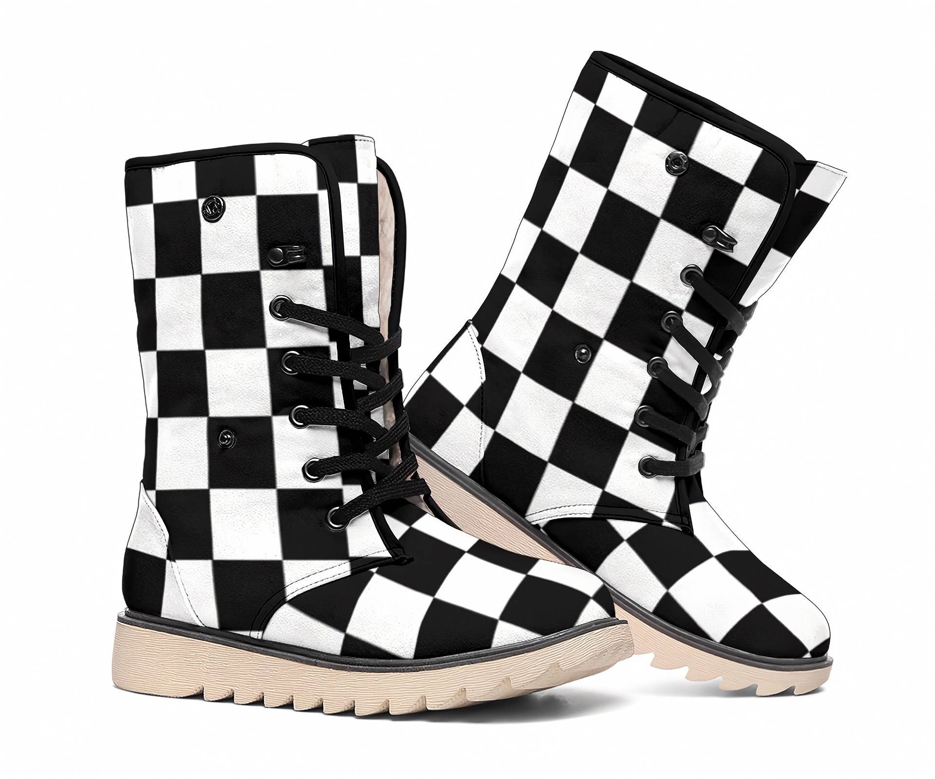 Black and white checkered boots on a white background