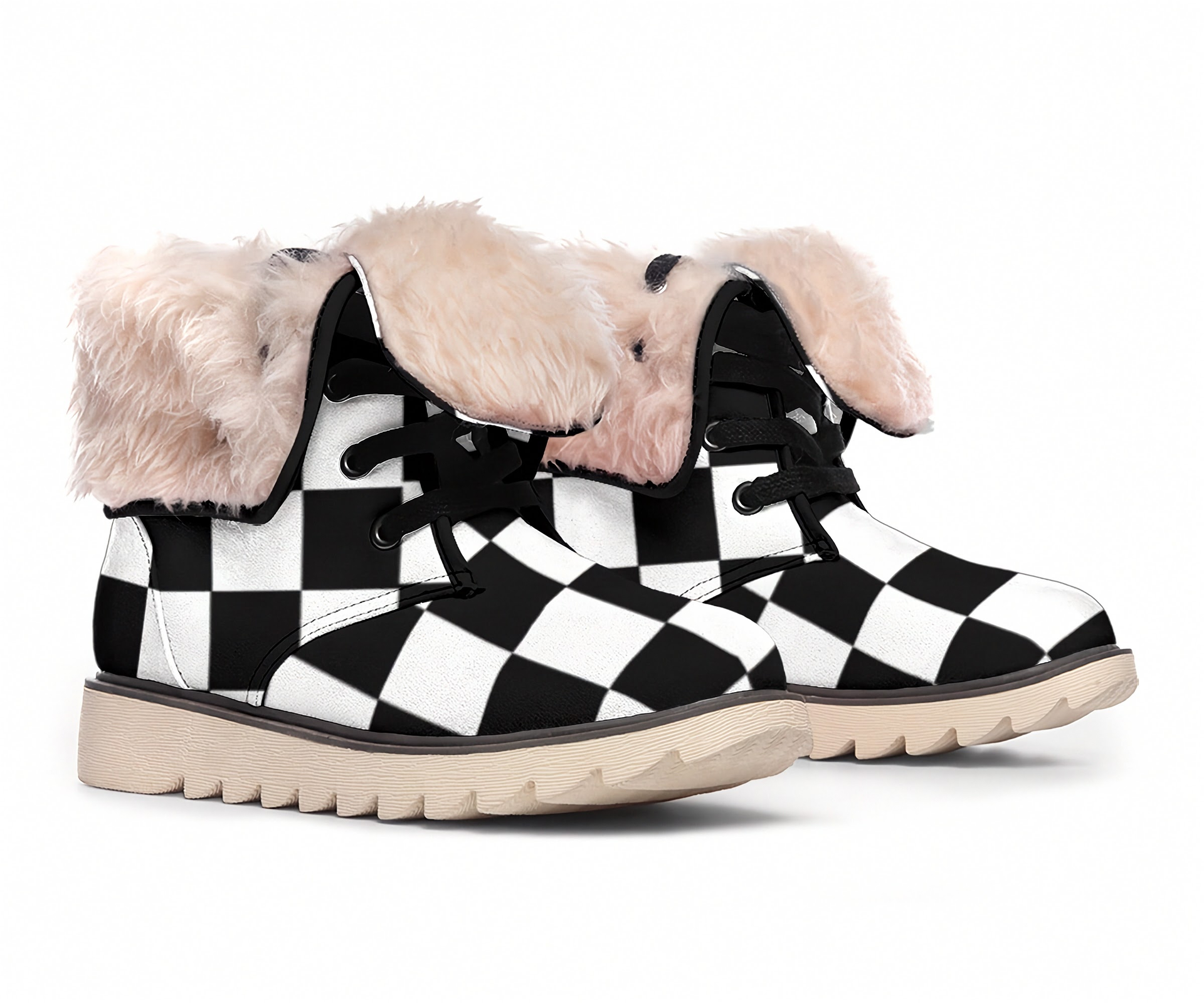 Black and white checkered boots with fluffy pink interior on a white background
