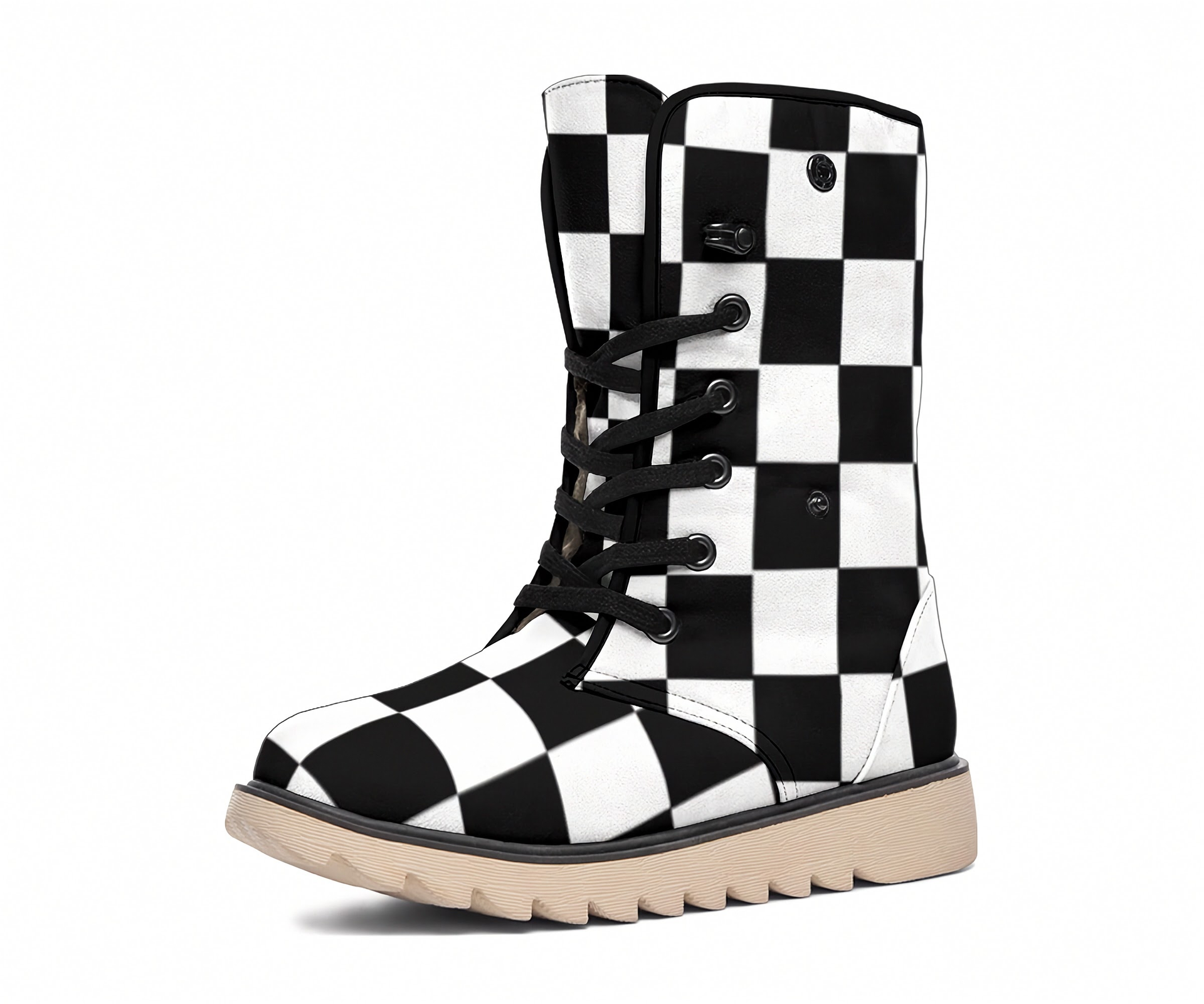 Black and white checkered boots on a white background
