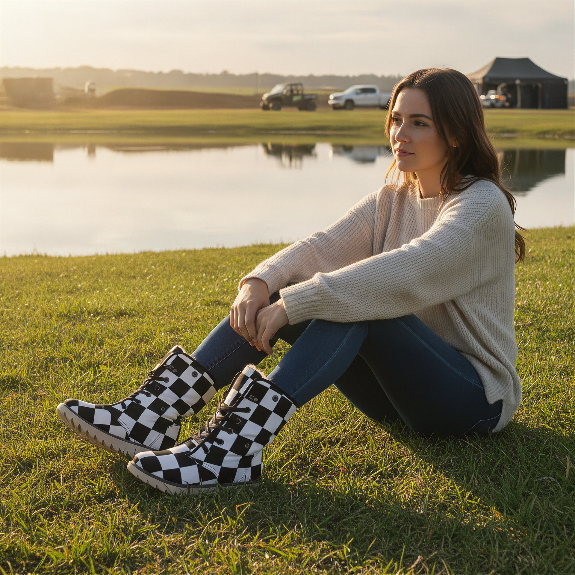 Woman sitting on grass by a lake wearing checkered boots.