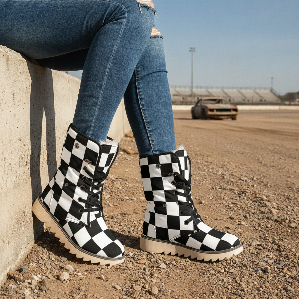 Person wearing black and white checkered boots with blue jeans on a race track.