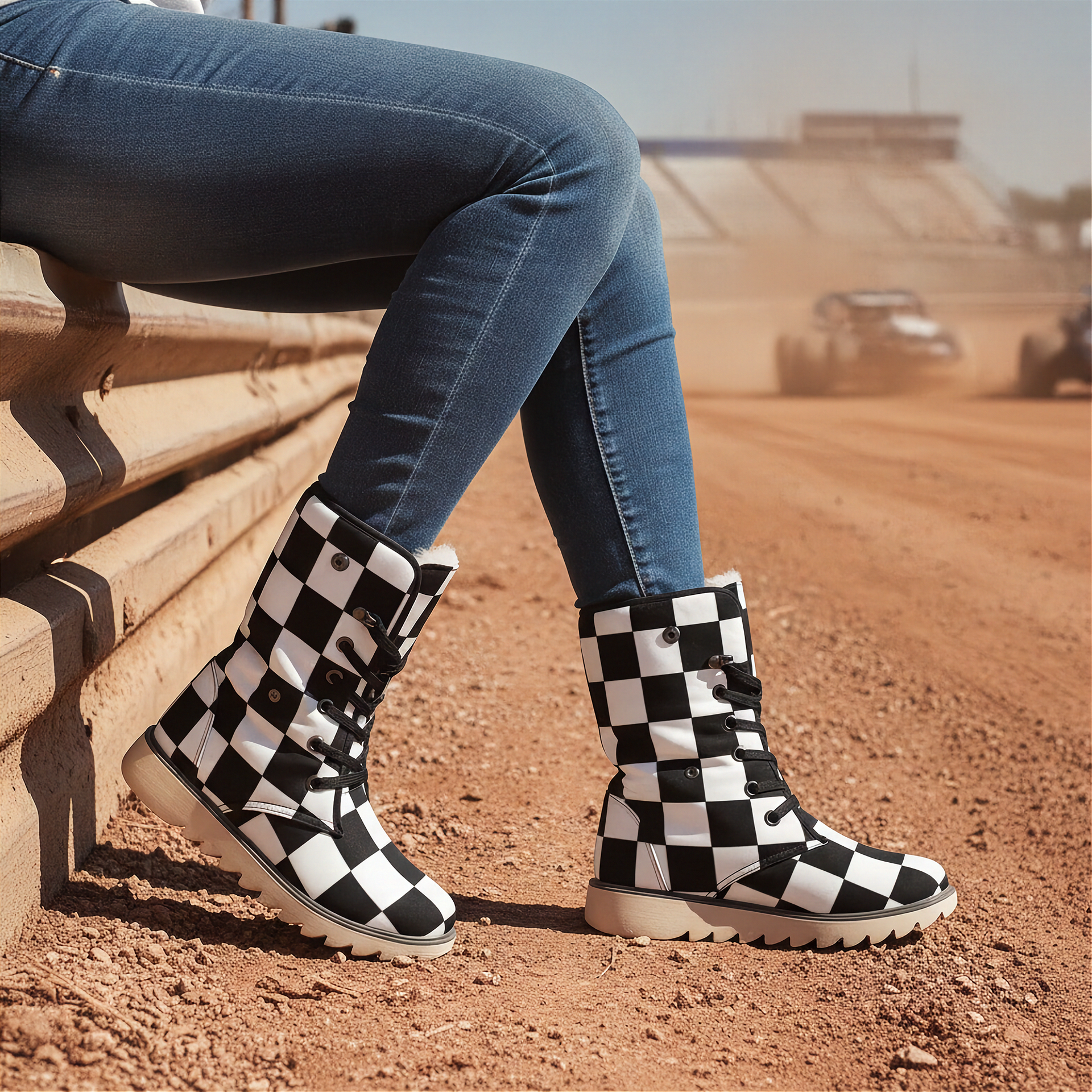 Person wearing checkered boots sitting on a wooden bench with a dirt track in the background