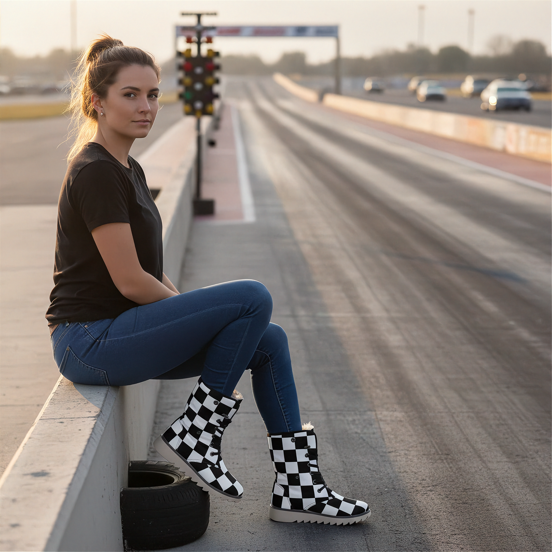 Woman sitting on a guardrail by a race track wearing checkered boots.