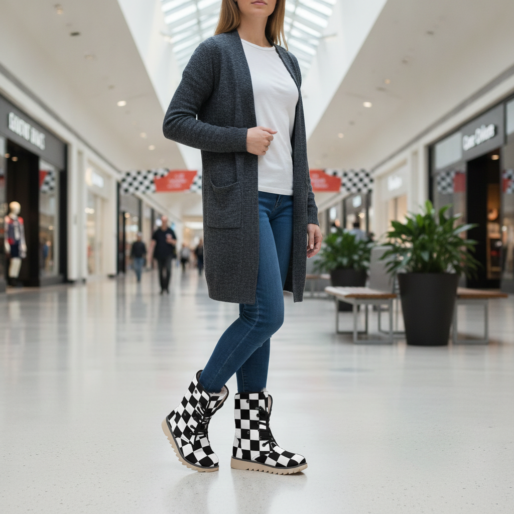 Woman wearing checkered boots in a shopping mall