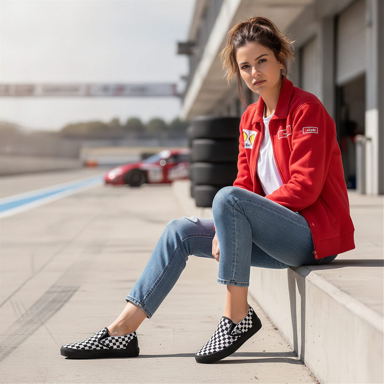 Woman in a red jacket and wearing checkered slip on shoes sitting on a race track with tires and a car in the background