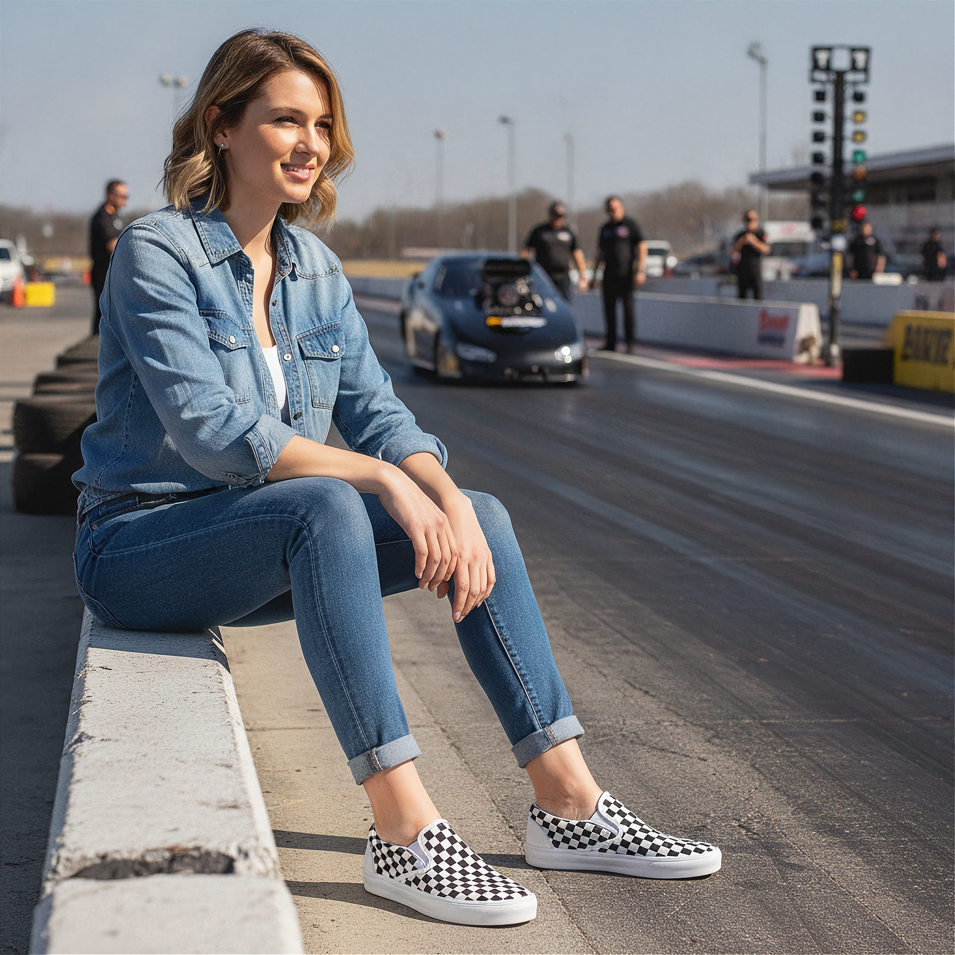 Woman sitting on a concrete block at a race track with a race car in the background and wearing a checkered slip on shoes