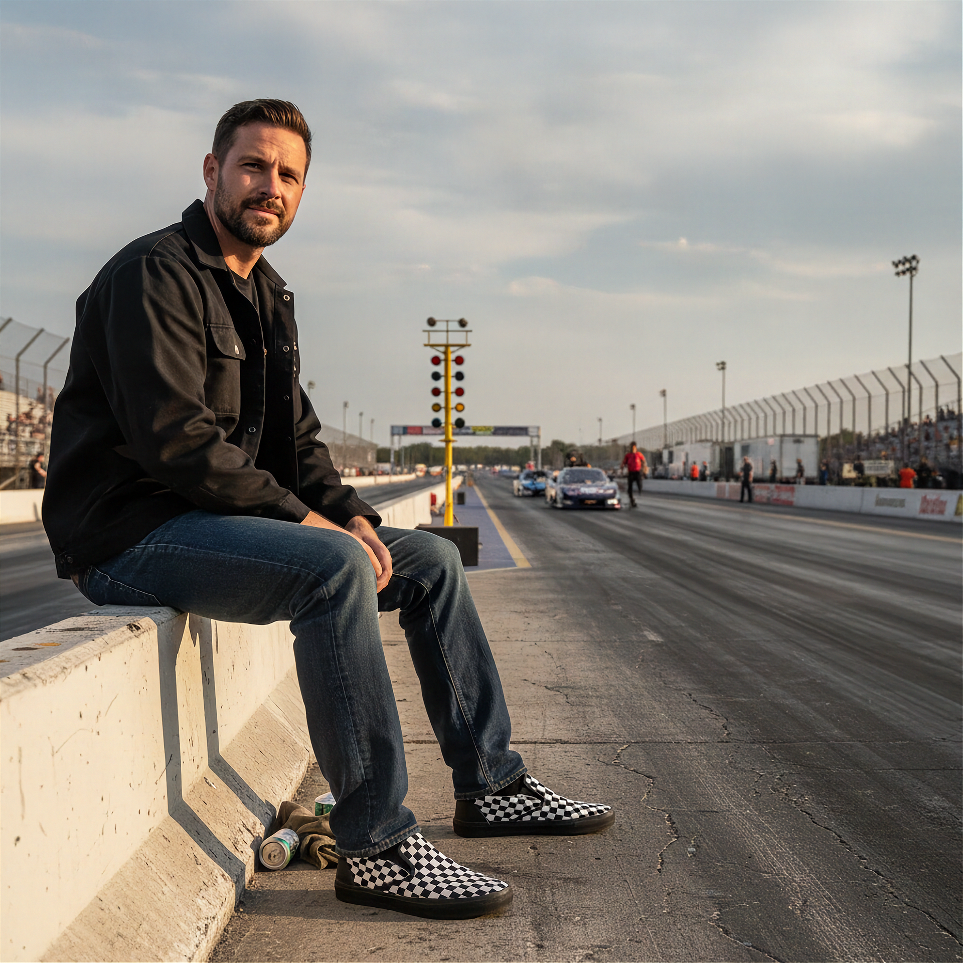 Man sitting on a race track with cars in the background wearing a checkered slip on shoes