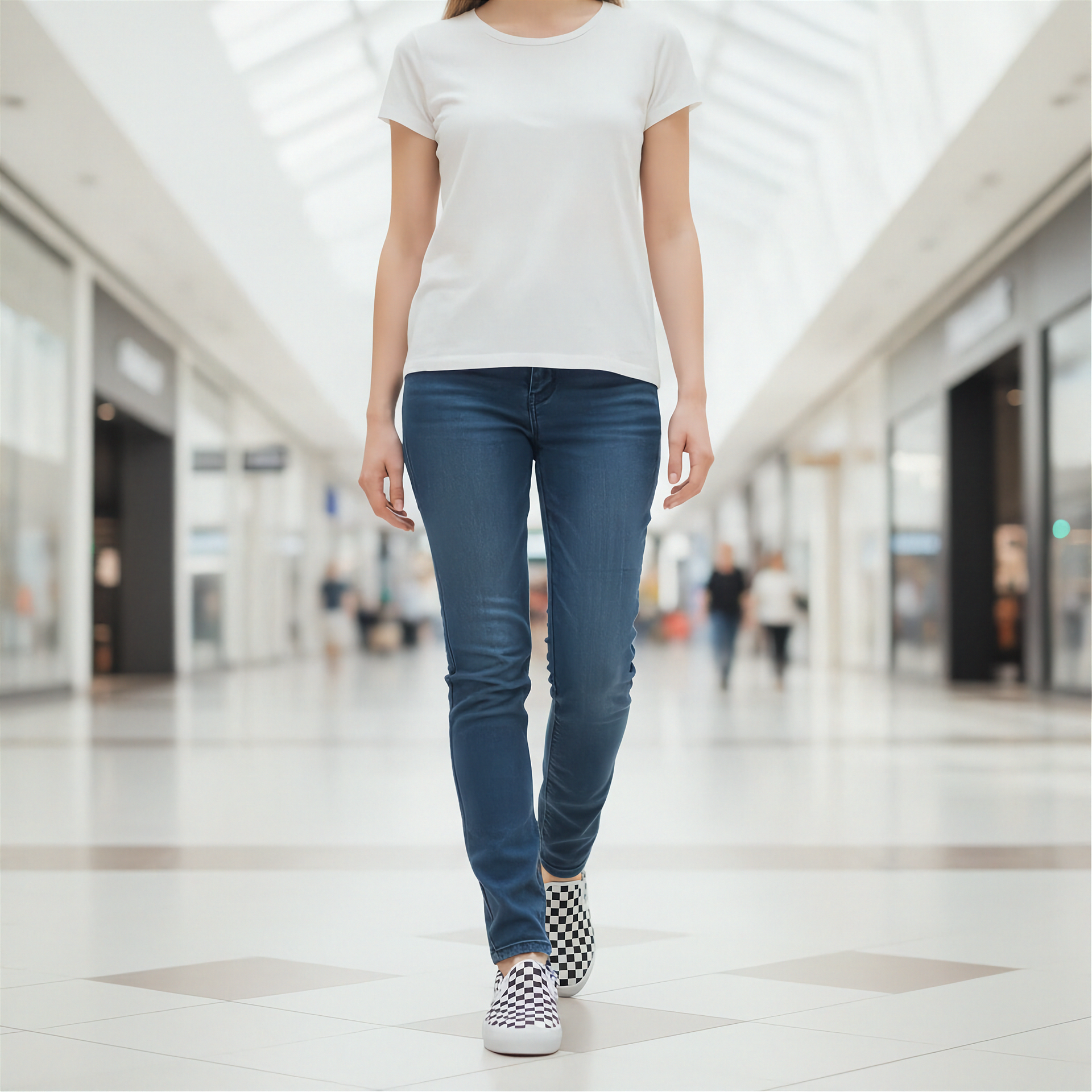 Person wearing a white t-shirt, blue jeans, and checkered shoes in a mall setting