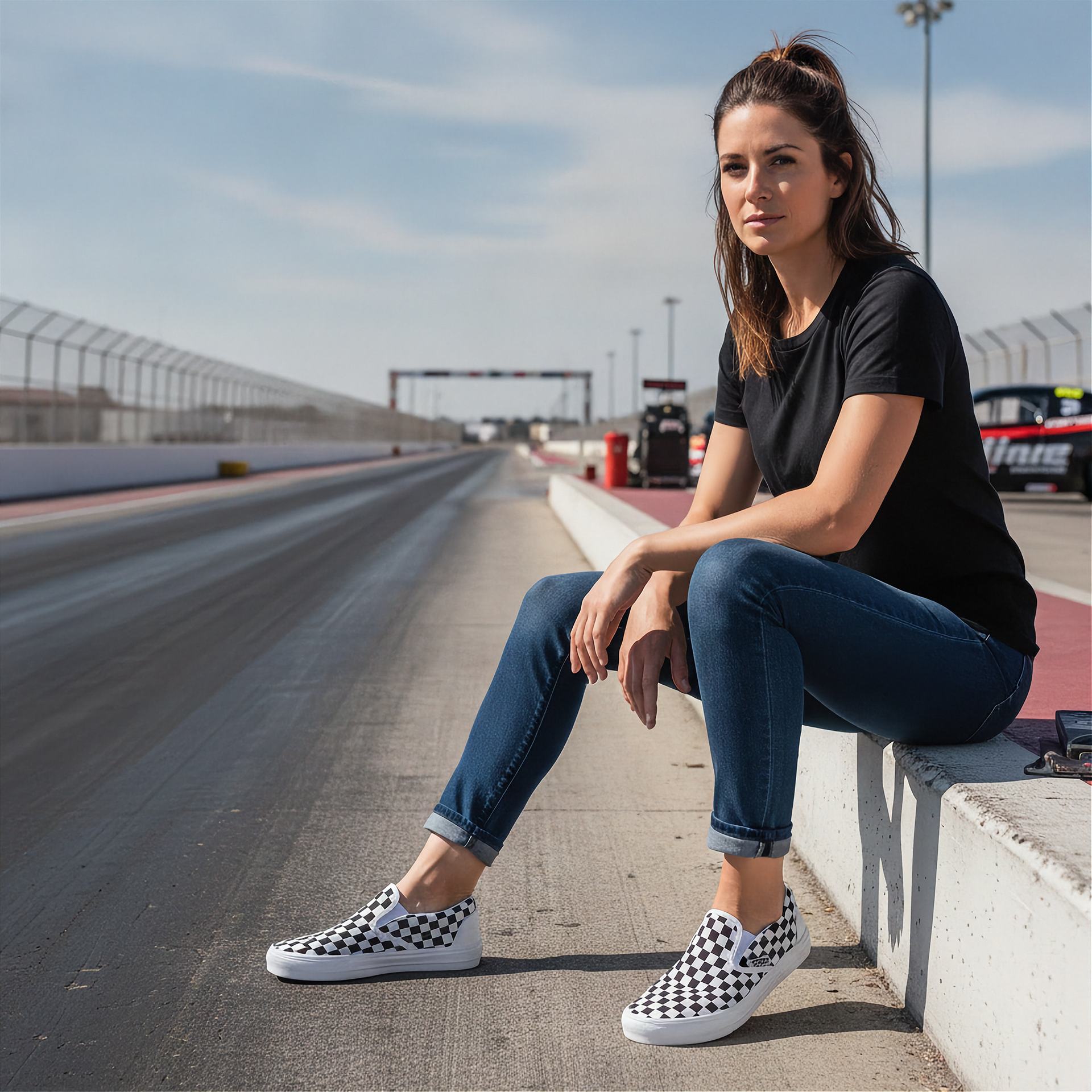 Woman sitting on a race track wearing checkered shoes