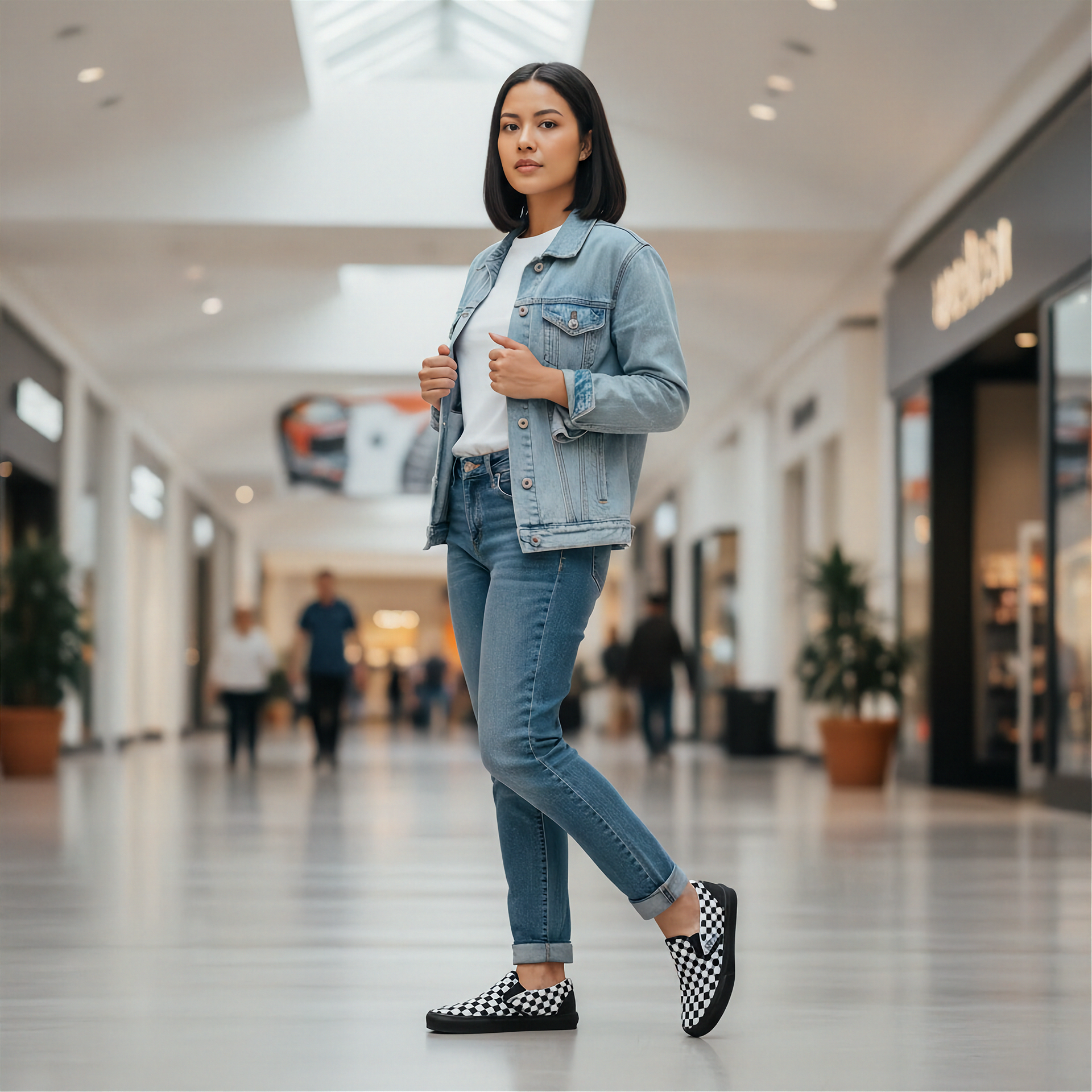 Woman in a denim jacket and jeans and checkered slip on shoes standing in a shopping mall.