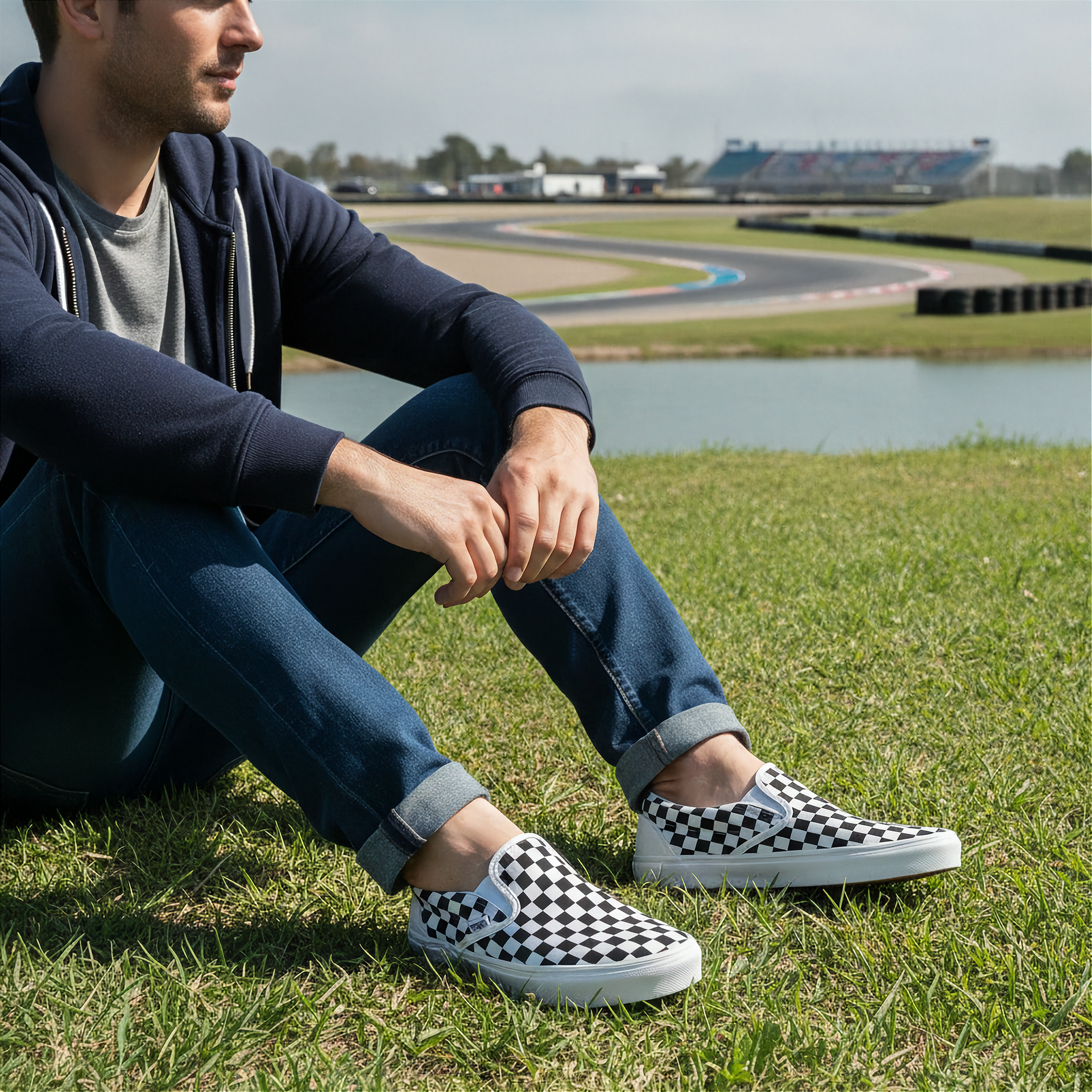 Person sitting on grass wearing checkered shoes with a race track in the background