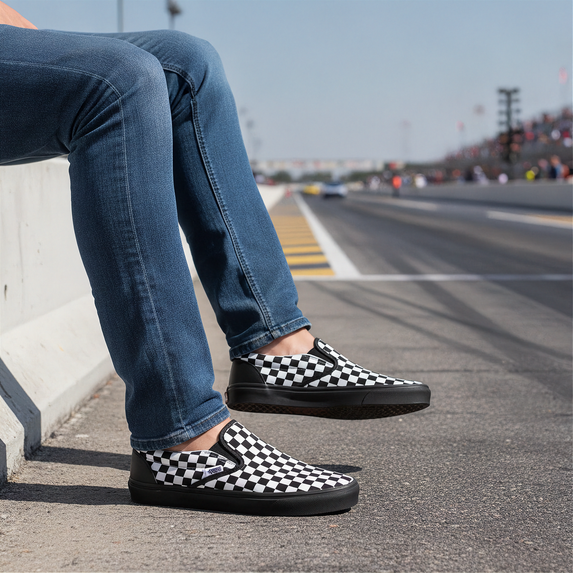 Person wearing black and white checkered shoes on a race track.