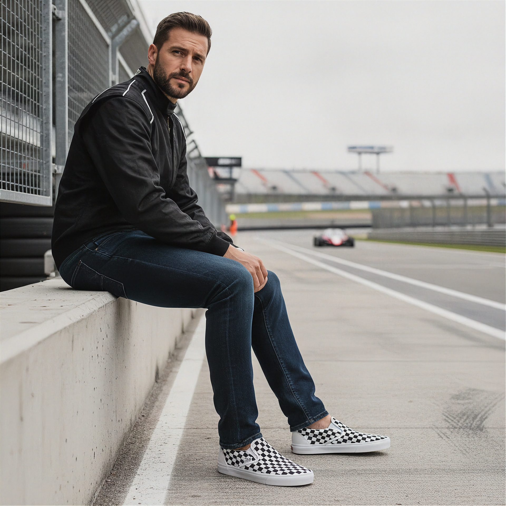 Man sitting on a race track wearing checkered shoes