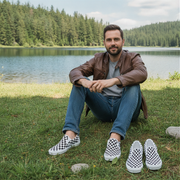Man sitting by a lake wearing checkered shoes with another pair in front