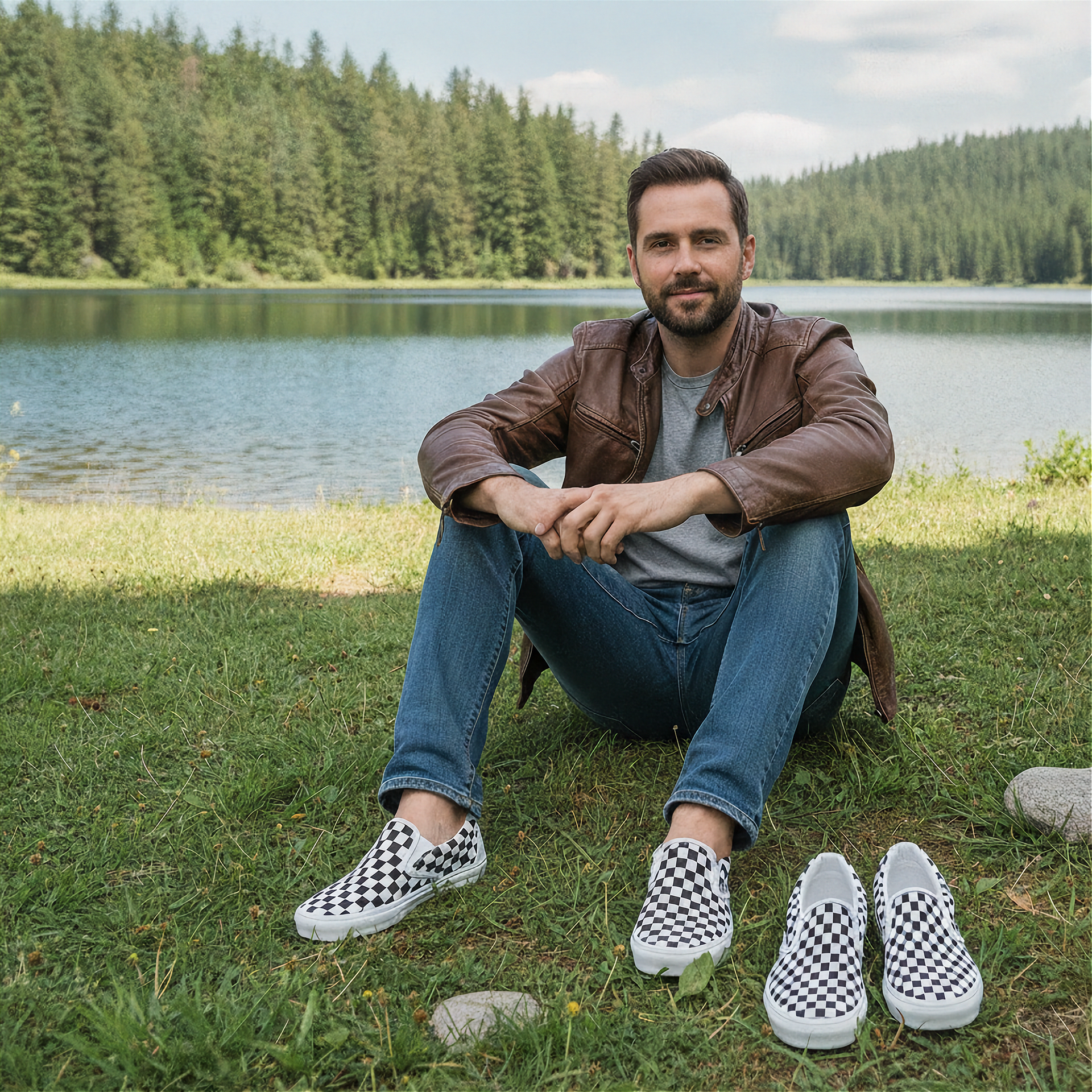 Man sitting by a lake wearing checkered shoes with another pair in front