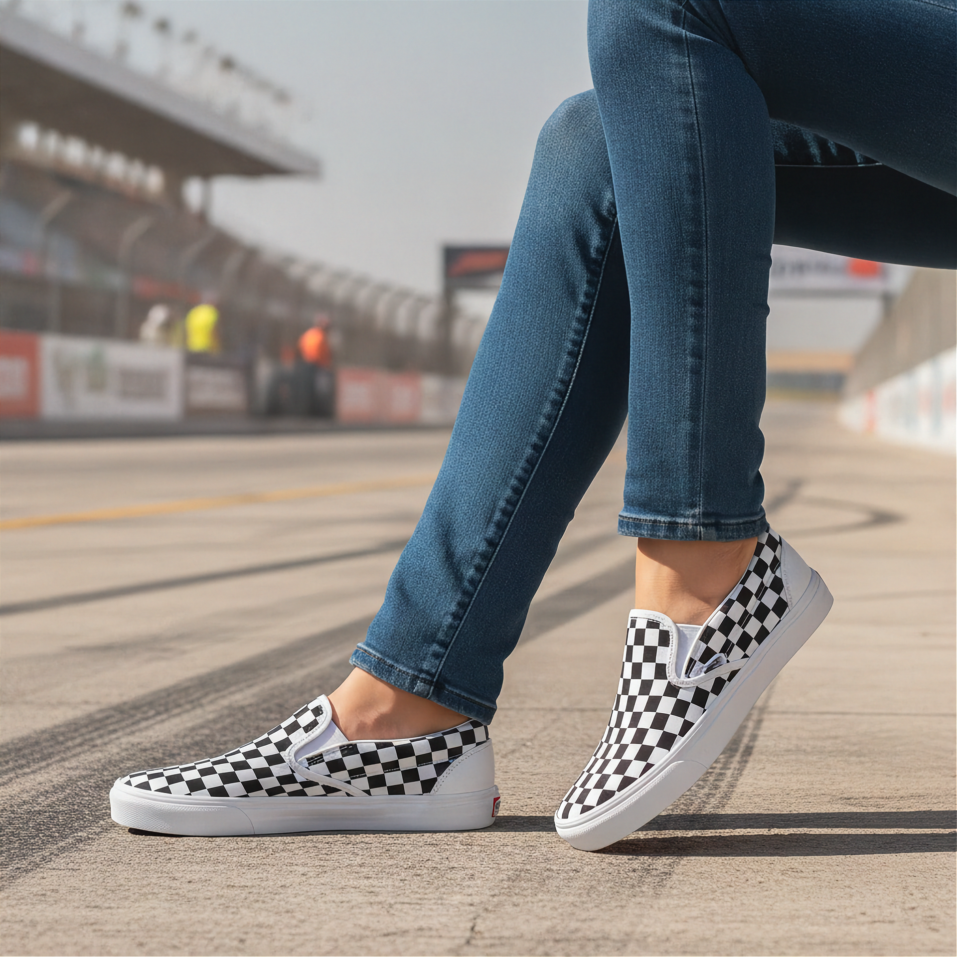Person wearing checkered slip-on shoes on a race track