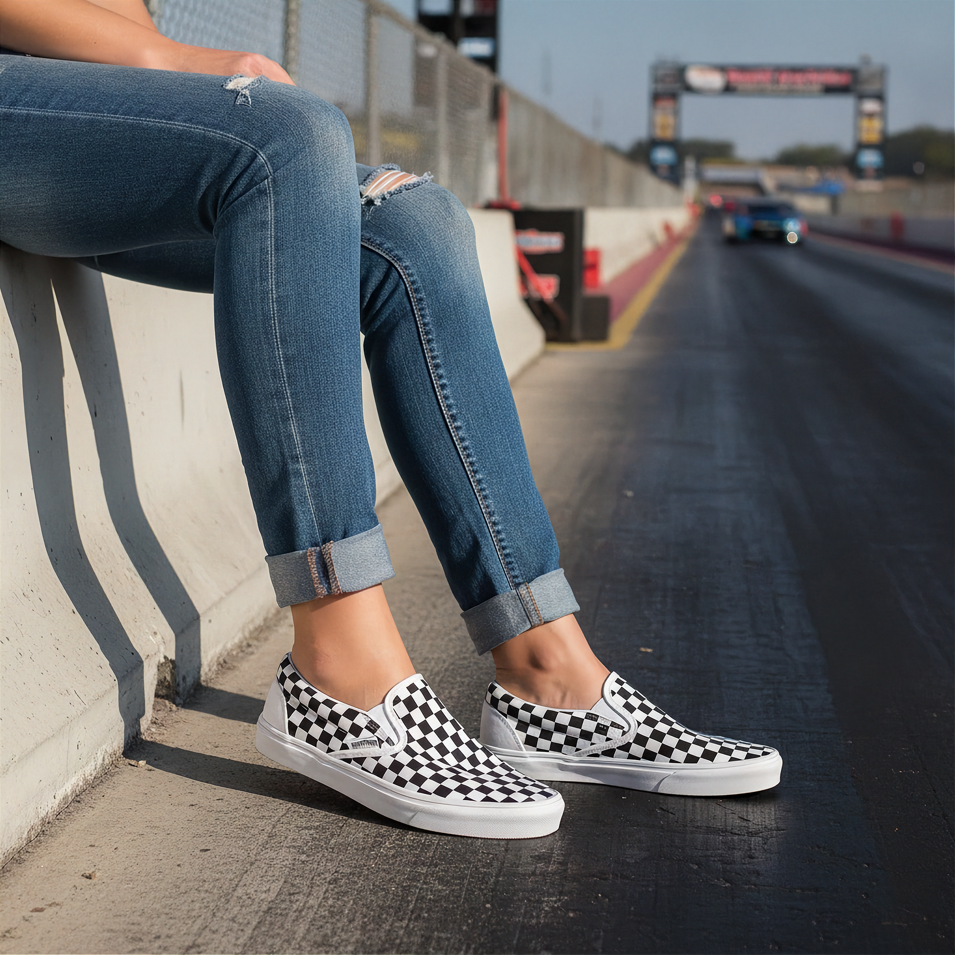 Person wearing checkered shoes sitting on a wall with a race track in the background